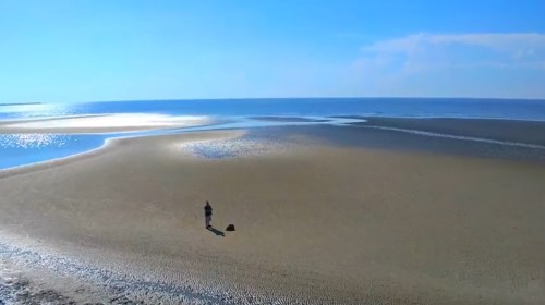 A person stands on a sandy beach with calm waters and a clear blue sky in the background.