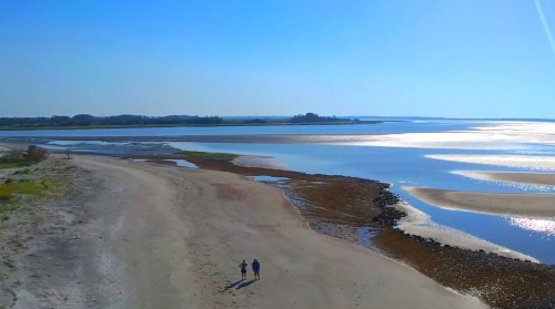 Two people walk along a sandy beach by a calm, reflective water under a clear blue sky.