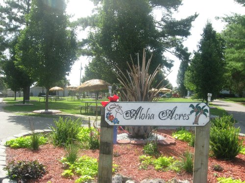 Sign for "Aloha Acres" surrounded by greenery, picnic tables, and palm trees in a sunny park setting.