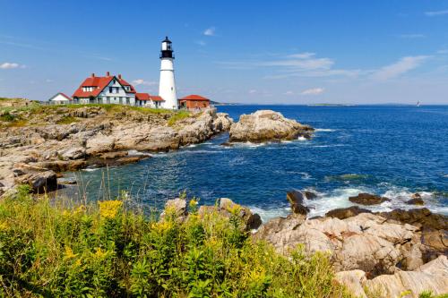 A scenic view of a lighthouse by the ocean, surrounded by rocky shores and vibrant greenery under a clear blue sky.