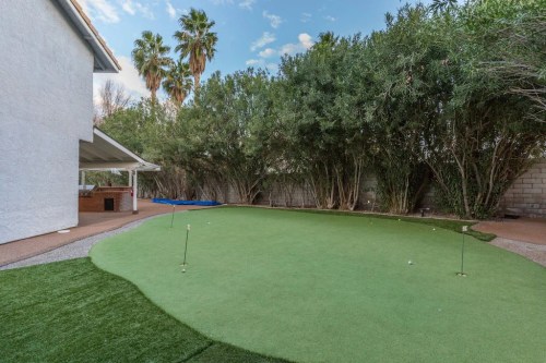 A backyard putting green surrounded by trees and shrubs, with a patio area visible in the background.