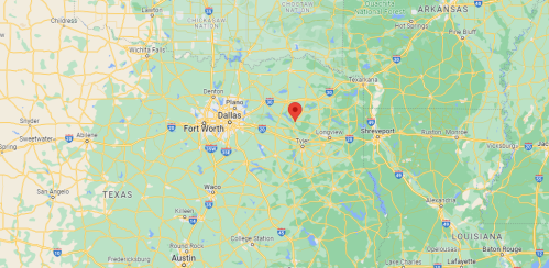 Map showing a location in Texas, with major cities like Dallas and Fort Worth nearby. Red marker indicates a specific point.