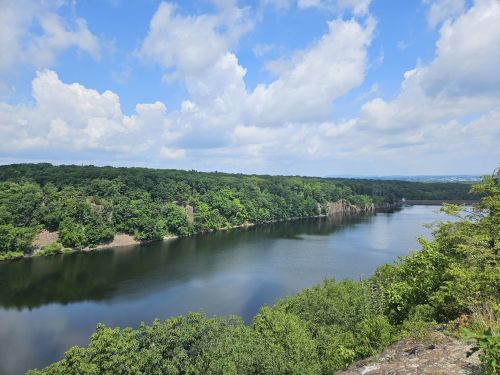 A serene river flows through lush green forests under a partly cloudy sky.