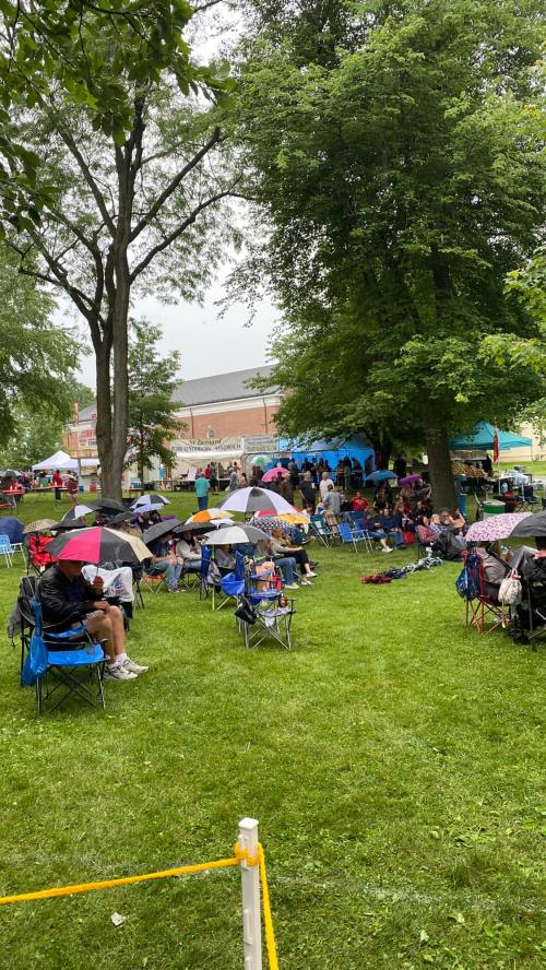 A crowd of people sitting on lawn chairs under umbrellas in a grassy area, with trees and tents in the background.