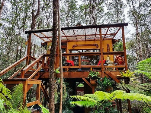 A cozy treehouse surrounded by lush greenery, featuring a wooden deck and vibrant plants.