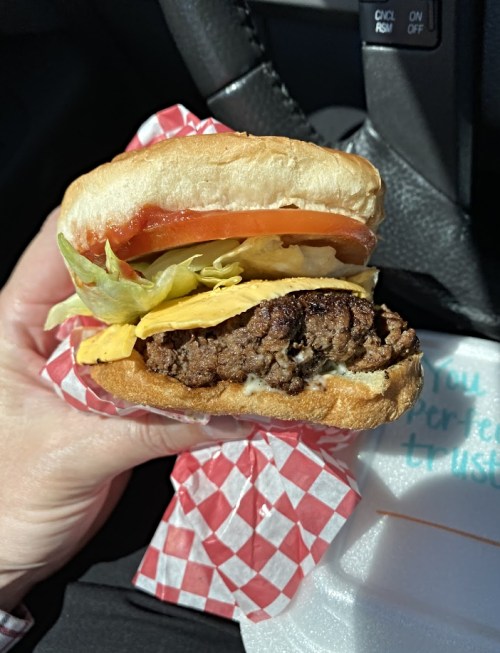 A hand holding a burger with lettuce, tomato, cheese, and a beef patty, wrapped in red and white checkered paper.