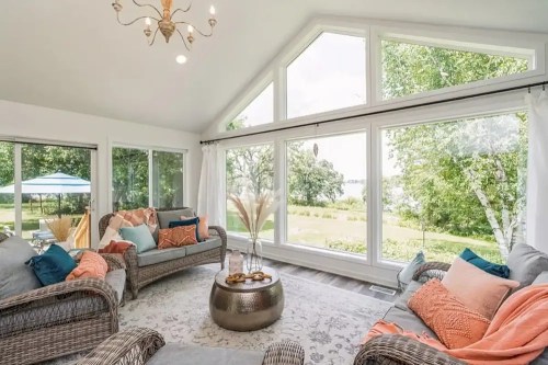 Bright, airy living room with large windows, cozy seating, and a view of greenery and water outside.