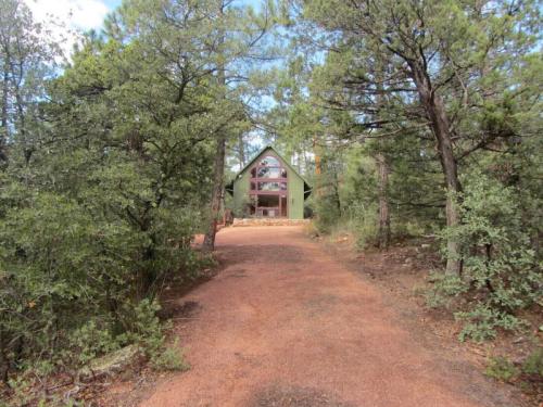 A green A-frame house surrounded by tall trees and a gravel path leading to it.