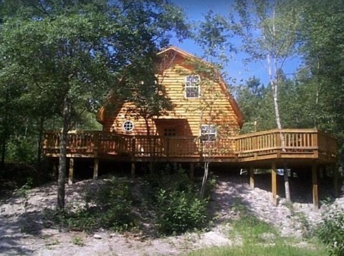 A charming wooden cabin on stilts, surrounded by trees and greenery, with a spacious deck and sunny blue sky.