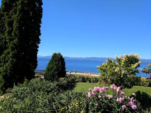 A scenic view of a lake with mountains in the background, framed by lush greenery and colorful flowers.