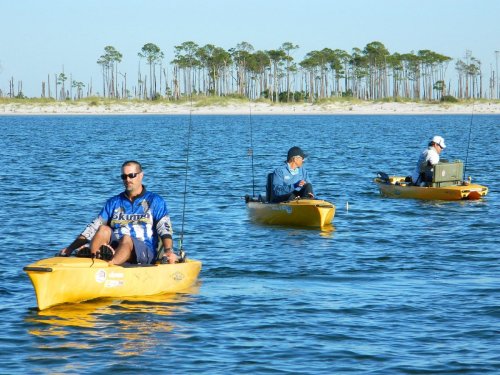 Three people in yellow kayaks fishing on calm water, with a backdrop of tall trees and a clear blue sky.