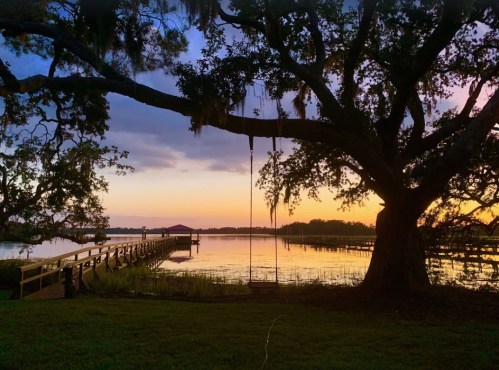 A serene lakeside scene at sunset, featuring a large tree, a swing, and a dock extending into the water.
