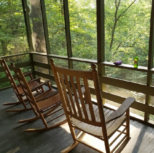 A serene porch with two wooden rocking chairs overlooking a lush green forest. Sunlight filters through the trees.