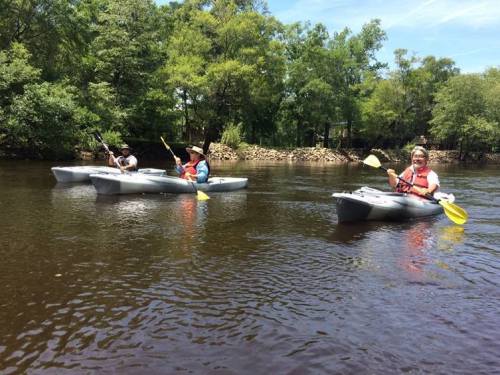 Three people kayaking on a calm river surrounded by lush greenery on a sunny day.