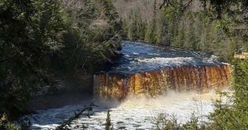 Scenic view of the amber-colored Upper Tahquamenon Falls Michigan surrounded by lush green forest