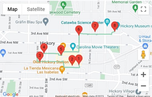 Map of Hickory, NC, showing points of interest including museums, theaters, and a science center, with numbered markers.