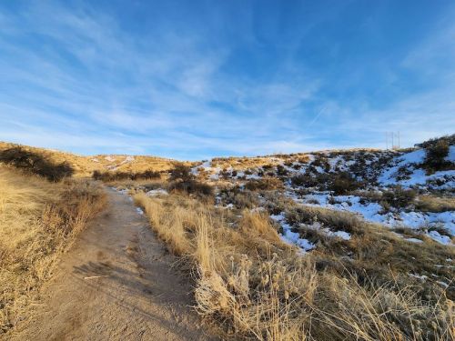 A dirt path winds through dry grass and snow-covered hills under a clear blue sky.