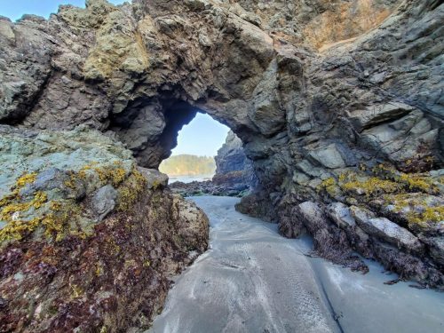 Rocky archway on a beach, framed by moss-covered stones and sandy shore, with ocean view in the background.
