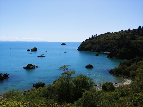 A serene coastal view featuring calm blue waters, rocky outcrops, and lush greenery under a clear sky.