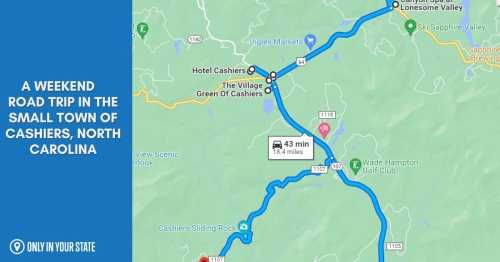 Map showing a road trip route in Cashiers, North Carolina, highlighting local attractions and distances.