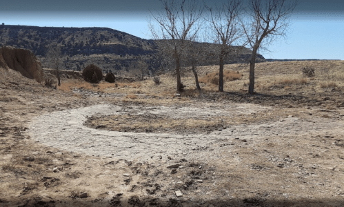 A dry, winding riverbed surrounded by sparse vegetation and bare trees against a rocky landscape.