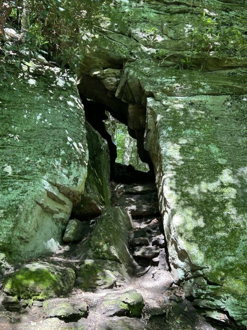A narrow rock passageway surrounded by moss-covered stones and greenery, leading into a shaded area.