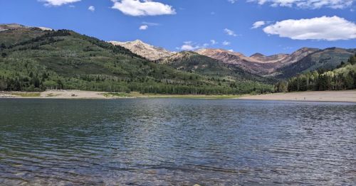 A serene lake surrounded by lush green mountains under a clear blue sky with a few clouds.