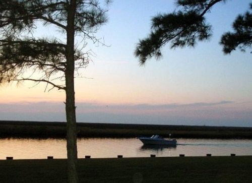 A boat glides through calm waters at sunset, framed by trees and a serene landscape.