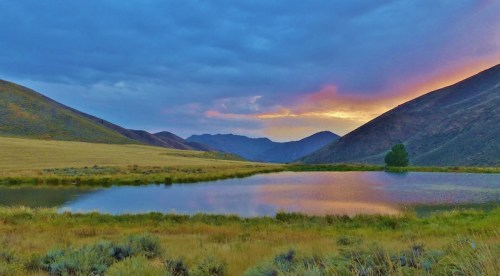 A serene landscape featuring a calm lake surrounded by rolling hills and a colorful sunset sky.