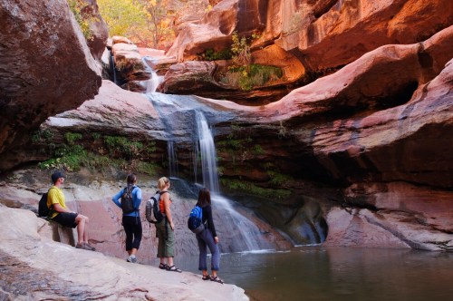 Four hikers admire a waterfall cascading into a serene pool, surrounded by red rock formations and lush greenery.