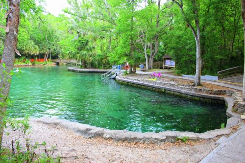 A serene natural spring surrounded by lush greenery and a stone pathway, with clear turquoise water.
