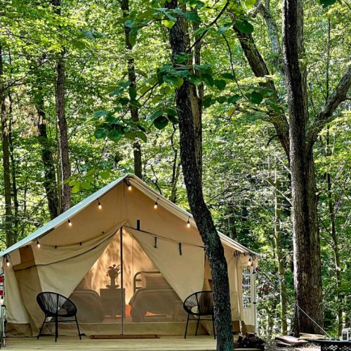 A cozy glamping tent nestled in a lush forest, featuring a bed and two chairs, with string lights overhead.