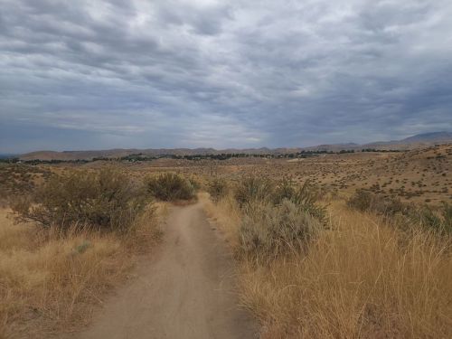 A dirt path winds through dry, grassy hills under a cloudy sky, leading to distant mountains and a small town.