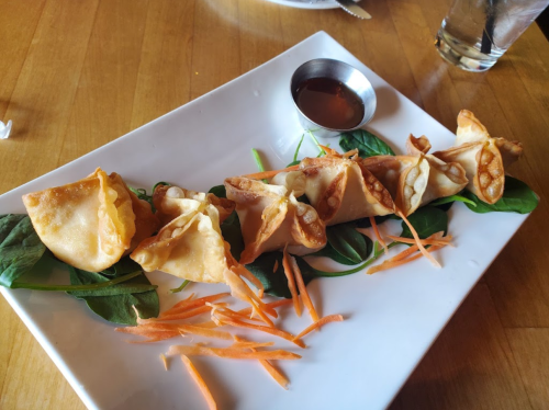 A plate of crispy dumplings on a bed of spinach, garnished with shredded carrots and a small bowl of dipping sauce.