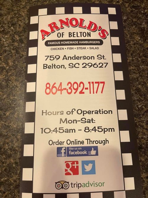 Menu flyer for Arnold's of Belton, featuring contact info, hours, and a list of food options. Located in Belton, SC.