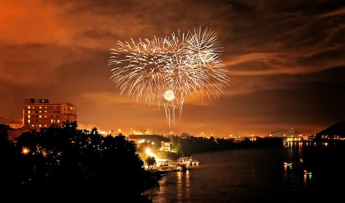Colorful fireworks illuminate the night sky over a river, with city lights reflecting on the water below.