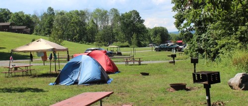 Two tents set up on a grassy campsite with picnic tables, a fire pit, and trees in the background under a blue sky.