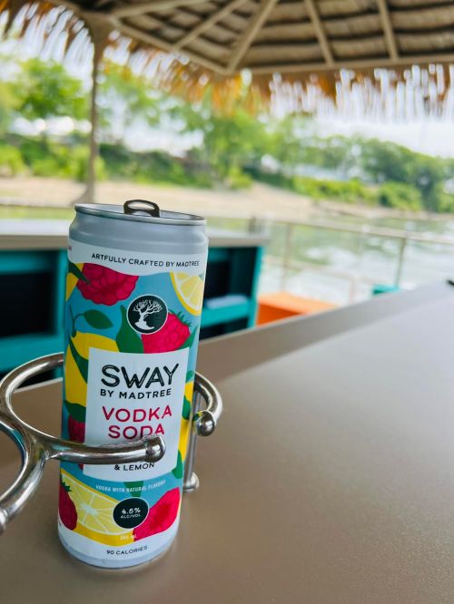 A can of Sway by MadTree vodka soda with lemon sits on a table near a waterfront, surrounded by greenery.
