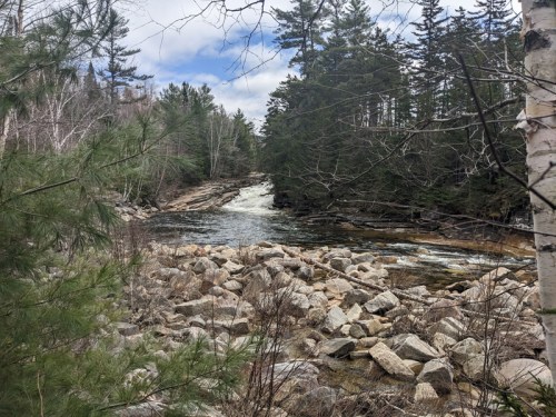 A serene river flows through rocky terrain, surrounded by lush trees and a cloudy sky.