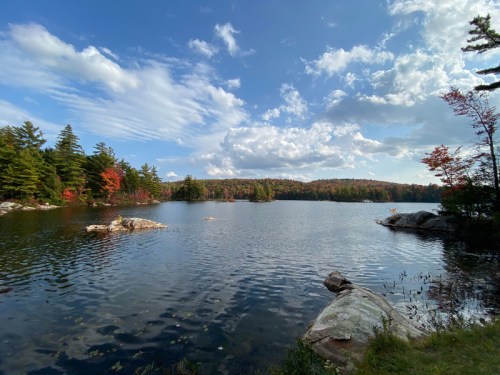 A serene lake surrounded by trees, with rocky shores and a clear blue sky dotted with clouds. Autumn colors are visible.