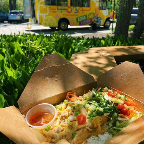 A takeout box filled with rice, shredded chicken, fresh vegetables, and a dipping sauce, with a food truck in the background.