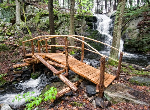 A wooden bridge crosses a stream near a waterfall, surrounded by lush green trees and rocky terrain.