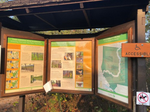 Information kiosk about the Ossipee Pine Barrens, featuring maps and educational content on fire management and accessibility.