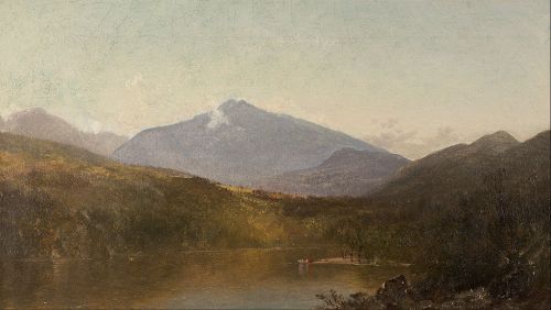 A serene landscape featuring mountains and a calm lake, with soft colors and a hazy sky in the background.