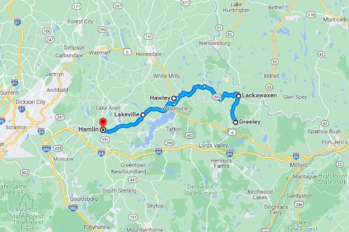 Map showing a route from Hamilton to Lackawaxen, passing through Lakeville, Hawley, and Greeley.