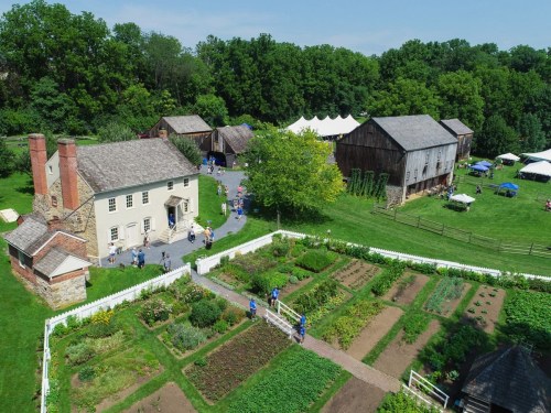 Aerial view of a historic farm with gardens, buildings, and people enjoying a sunny day outdoors.