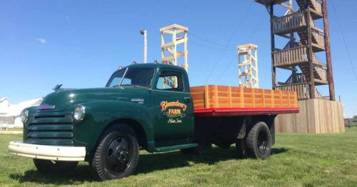 A vintage green truck with a wooden bed parked on grass, with a tall wooden structure in the background.