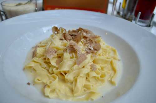 A plate of creamy fettuccine pasta topped with shaved truffles and cheese.