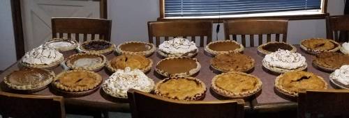 A table filled with various pies, including pumpkin, cream, and fruit varieties, arranged neatly on plates.
