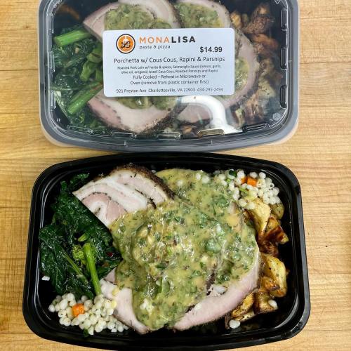 A takeout container with porchetta, couscous, rapini, parsnips, and a green sauce, labeled with the restaurant name and price.